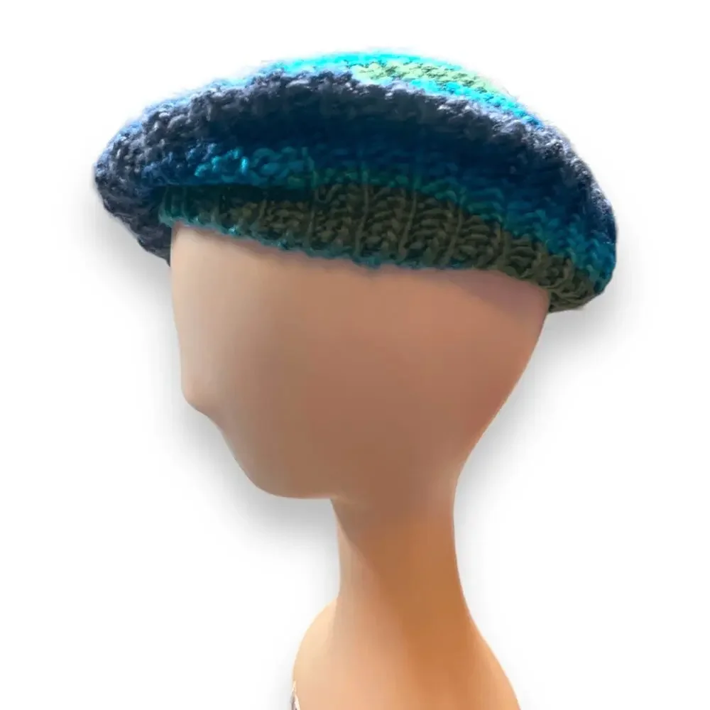 Knit Beret Hat Green Blue Tonal Shades Warm Winter Essential